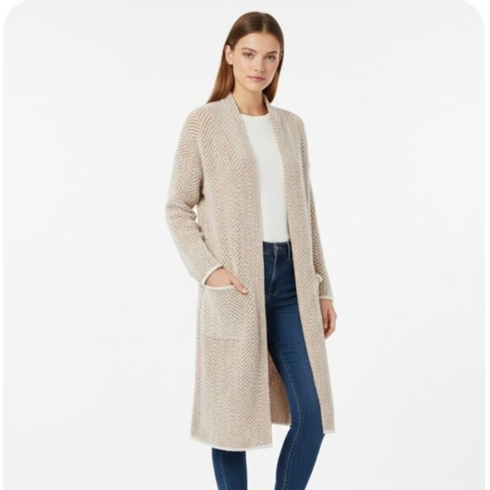 Ruby Moon Cozy Chenille Tan White Chevron Knit Duster Open Cardigan Size XXL